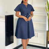 Pbong Fashionable Pure Color Belted Short Sleeve plus Size Dress Elegant Summer Women's Clothing V-neck Knee-length Dress