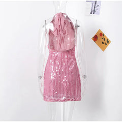 Fashion Sleeveless Pink Sequin Short Dress Halter-neck Sexy Slim Summer Dress Women Chic Street Party Dress Vestidos 2025 New
