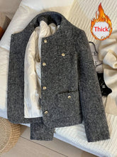 Vintage Faux Woolen Coat Women Warm Winter Thick Long Sleeve Gray Cotton Jacket Female Retro O Neck Pockets Casual Tops New