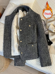 Vintage Faux Woolen Coat Women Warm Winter Thick Long Sleeve Gray Cotton Jacket Female Retro O Neck Pockets Casual Tops New