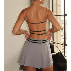 Backless Streetwear Short Dress Hotgirl Double Belt Gray Tight Women Dress Fashion Square Collar Sleeveless Pleat Dress 2025 New