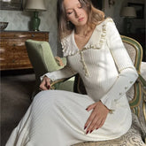 Women's High Waist Ruffled Maxi Dress Autumn And Winter Knitted Slim Long Dress Women's Retro Dress Fashionable And Elegant