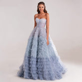 Blue Prom Dresses Tiered Ruffles Tulle Pleat Ruched A-Line Backless Saudi Arabic Women Party Evening Gowns