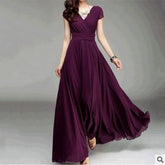 Pbong Bohemian V-neck Short Sleeve Wrap Waist Chiffon Evening Dress Ankle Length Regular Sleeve Polyester Fiber Empire Waistline