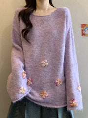 Sweet Floral Chic Sweater Women O Neck Cute Long Sleeve Knitted Jumpers Fashion Preppy Style Loose Lazy Wind Lady Fall Pullover