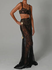 See Through Lace Two Piece Skirt Sets Women Crop Top And Maxi Skirt Sets Elegant Party Beach Sexy Two Piece Set