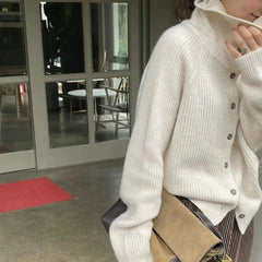 Turtleneck Cardigan Ladies 100% pure woolen sweater Autumn and winter loose thickened cashmere base sweater knitted coat tide