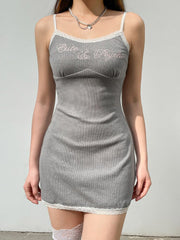 Grey Knitted Lace Trim Embroidery Sundress