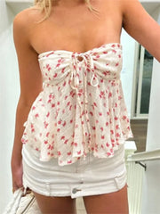 Strapless Off Shoulder Ruched Tube Tops Women Front Tie-up Ruffles Summer Party Clubwear Tank Mini Vest