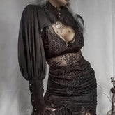 Gothic Lantern Sleeve Smock High Street Sexy Black Winter Long Sleeve Crop Top Aesthetic Fairy Blusas Mujer De Moda