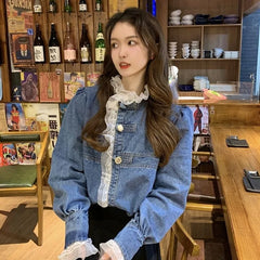 Oversized Women's Lace Patchwork Denim Jacket Spring Loose Design Sense Basic Coat Fashion Female Korean Denim Shirt Coats