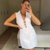 White Embroidery Straight Fashion Short Dress New Hollow Out Lace-ups Sleeveless Women Dress Streetwear Female Clothing