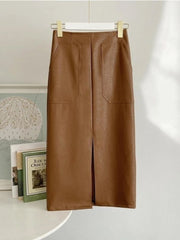 Spring Autumn Women Fashion High Waist Pu Midi Skrits Lady Slim Elegant Split Solid Color Faux Leather Skirts