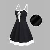2025 Women's Gothic Black Dresses Two Tone Lace Up Mini Dress Contrast Color High Waist Sleeveless Vintage Dress