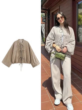 Women's Solid Colour Cotton Linen Round Collar Jacket New Vintage Style Bow Tie Decorative Cardigan Jacket Fashion Women's