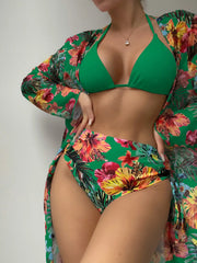 Halter Triangle Bikini Women Swimsuit With Kimono High Waist Swimwear Female Bathers BathingSwimming Swim Suit Beachwear