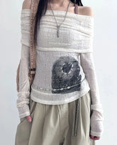 See Through Dark Printed T Shirt Casual Slash Neck Long Sleeve Tees Women Autumn Spring Fashion Streetwear Ladies
