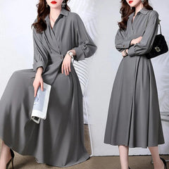 Gray High-quality Long-sleeved Shirt-collar Dress Women's Simple Office with Pockets Work Fashion Dress Autumn Clothes
