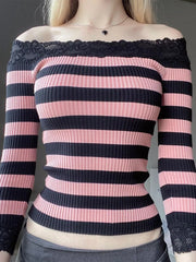 Pbong Women Long Sleeve Knit Tops Off-Shoulder Striped Casual Pullovers Sweater Fall Shirts Y2K Aesthetic Clothes Streetwear