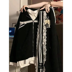 Japan Preppy Style Office Lady Patchwork Lace Appliques Coats Harajuku American Vintage Y2k 2000s Sweatshirts Punk Loose Clothes