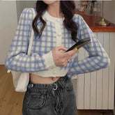 Women Checkerboard Crop Knit Cardigan Sweater Long Sleeve Button-up Box-fit Plaid Knit Top Teenage Girls Outfit