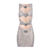 Fashion Hollow Out Bodycon Dresses Women Sexy Sleeveless 3D Flower Sequin Vestidos Chic Slim NightClub Party Suspended Dress