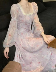 Autumn Floral Princess Evening Party Midi Dresses for Women French Elegant Bandage Long Sleeve Vestidos Korean Spring Clothes