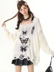 Pbong Y2k Hollow out Knit Oversize T shirt Women Long sleeve Off shoulder Top Sexy Basic Transparent Tees Baggy Vintage Ladies New