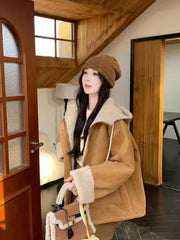 Y2K Streetwear Faux Lamb Suede Jacket Women Vintage Winter Long Sleeve Hooded Coat American Retro Loose Lady Pockets Warm Tops