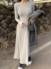 Solid Color Simple Basic Long Dress Gray Black Casual Spring Autumn Dress Elegant Chic Round Neck A-line Ribbed Dress 2025 New