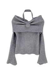 Autumn Winter American Halter Draped Flower Design Sweaters Y2k Korean Simple All Match Slim Pullovers Off The Shoulder Clothes