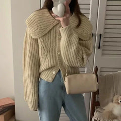 Oversized Collar Knit Cardigan for Women Chunky Knit Button Down Sweater Jacket Cozy Knitwear Teen-girl Fall Winter Outfit