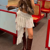Boho Elegant Lace Skirt Women Tulle Vintage White Skirts Irregular Layered Street Summer Short Mid Skirt Korean Fashion