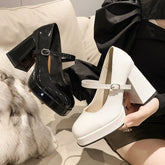 High Heels Women Trend Chunky Heels Platform Lolita Mary Jane Elegant Party Korean Shoes Dress White The Glossy Fashion