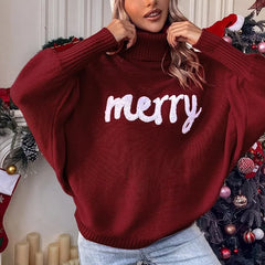 Pbong Christmas Fashion Autumn Winter Knit Sweaters Turtleneck Sweater Women Elegant Merry Letter Print Long Sleeve Pullovers Female