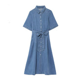 Turn Down Collar Belt Denim Long Dress 2025 New Single Breasted Fashion Women Dress A-line High Waist short sleeve Summer Dress