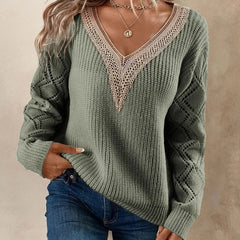Pbong Solid V Neck Knitted Sweater, Hollow Out Long Sleeve Casual Sweater For Fall Winter Women's Clothing