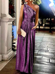 New Summer Holiday Solid Pocket Women Party Dress Loungewear Sleeveless Skew Collar Elegant Ladies Maxi Dress Streetwear Vestido