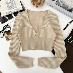 Rib Knit Crop Top with Keyhole Criss-Cross Front Long Sleeve V-Neck Short Sweater Pullovers Women Teen-girl Y2K 90s Outfit