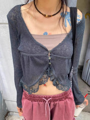 Harajuku Japan Vintage All Match Cardigan Patchwork Lace Y2k Aesthetic Punk Spliced Design High Waist Coats Buttons Clothes