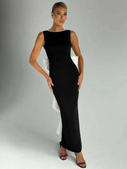 Elegant Pearl Bow Backless Sexy Maxi Dress Women Gown Fashion Sleeveless High Waist A-line Club Party Long Dress