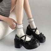 Pbong Knot High Heel Mary Jane Single Shoes Women's Summer New Japanese Style JK Heightening French Leather Shoes Women