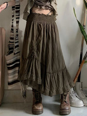 Vintage Forest Green Shirring Tie Lace Trim High Waist A Line Long Skirt Women Vacation Outfits