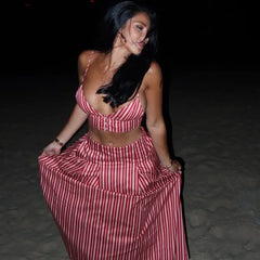 Stripe Bras And Pleat Skirt Sets Sexy Casual Boho Crop Top + Skirts Two Piece Set Vacation Woman Clothing 2025 New Summer Suit