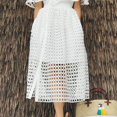 Elegant Hollow Out Lace Dress Women Sexy Inclined Shoulder V Neck Ruffles Party Dresses Summer White A Line Long Dress