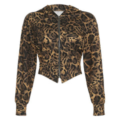 Autumn New Zip Up Hooded Women's Sweats Long Sleeve Binding Waist Leopard Streetwear Hoodies Gyaru Baddie Y2k