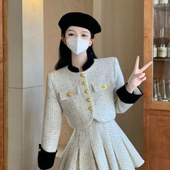 French Small Fragrance Suit Women Patched Plaid Coat Pleated Skirt Sweet Fresh Autumn Winter Round Neck Advanced Two Piece Set
