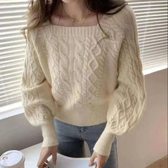 Casual Knitted Sweater Women Pullover Autumn Winter Soft Thick Warm Wool Jumper Female All-Match Square Collar Sweaters