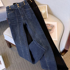 High Waist Multiple Metal Buttons Split Flare Women Pant Fashion Slim Chic Denim Trousers New Korean Loose Women Clothing