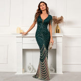 Deep V Neck Green Sequin Evening Dress Sexy Party Maxi Dress Women Beading Dress Long Prom Dress 19085